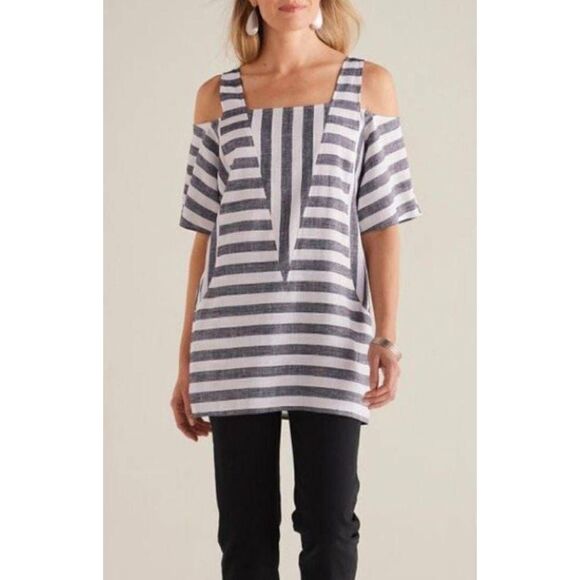 Soft Surroundings Sunset Tunic Cold Shoulder Striped Linen Blend Womens Size 1X - Picture 2 of 6